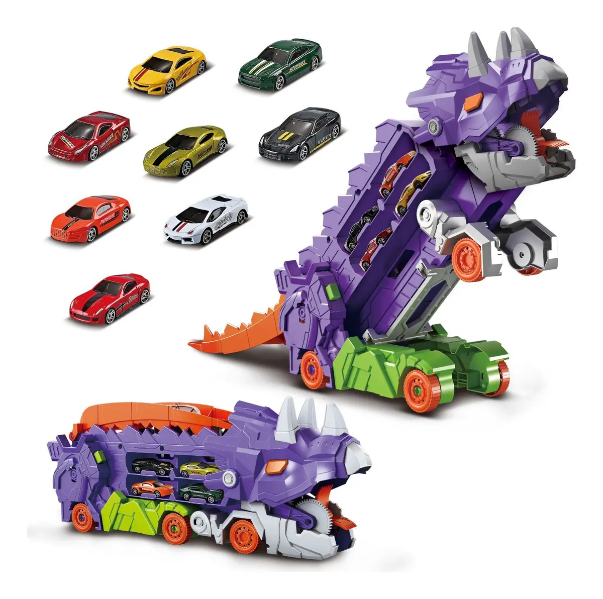 Caminhão dinossauro com pista e carrinhos roxo