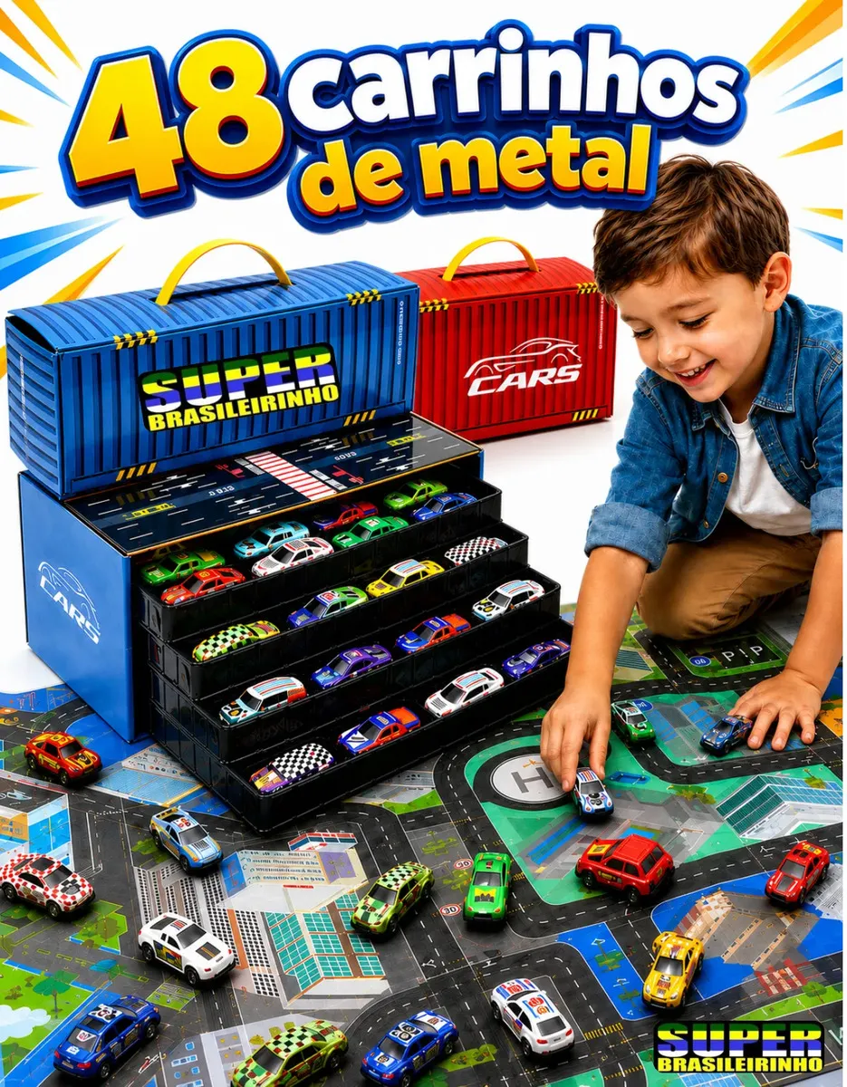 Maleta com 48 carrinhos e tapete pista