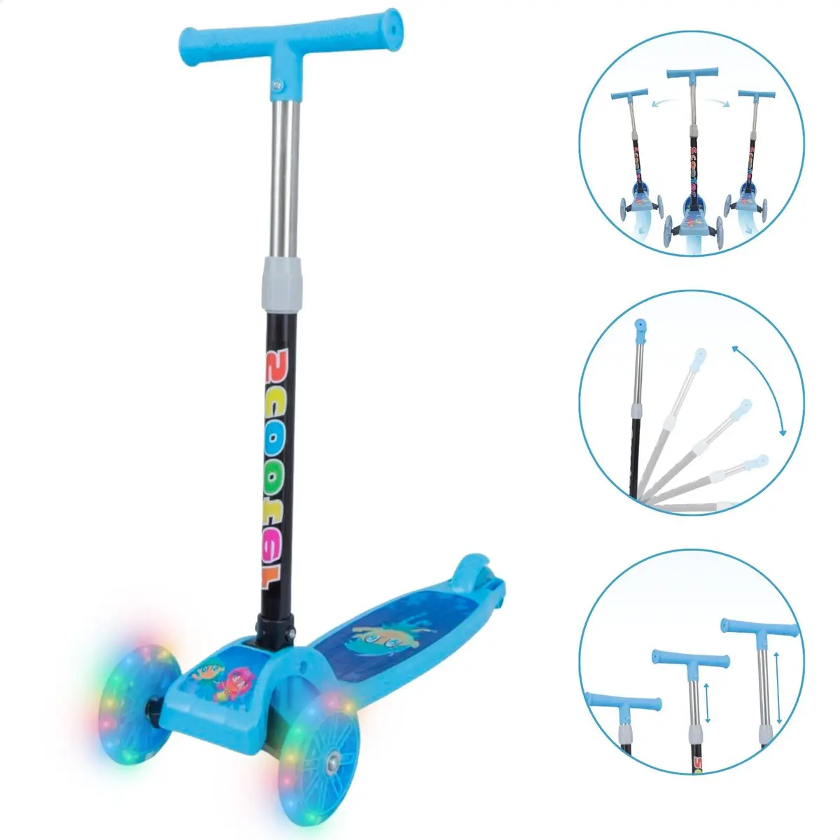 Patinete infantil 3 rodas com LED dobrável