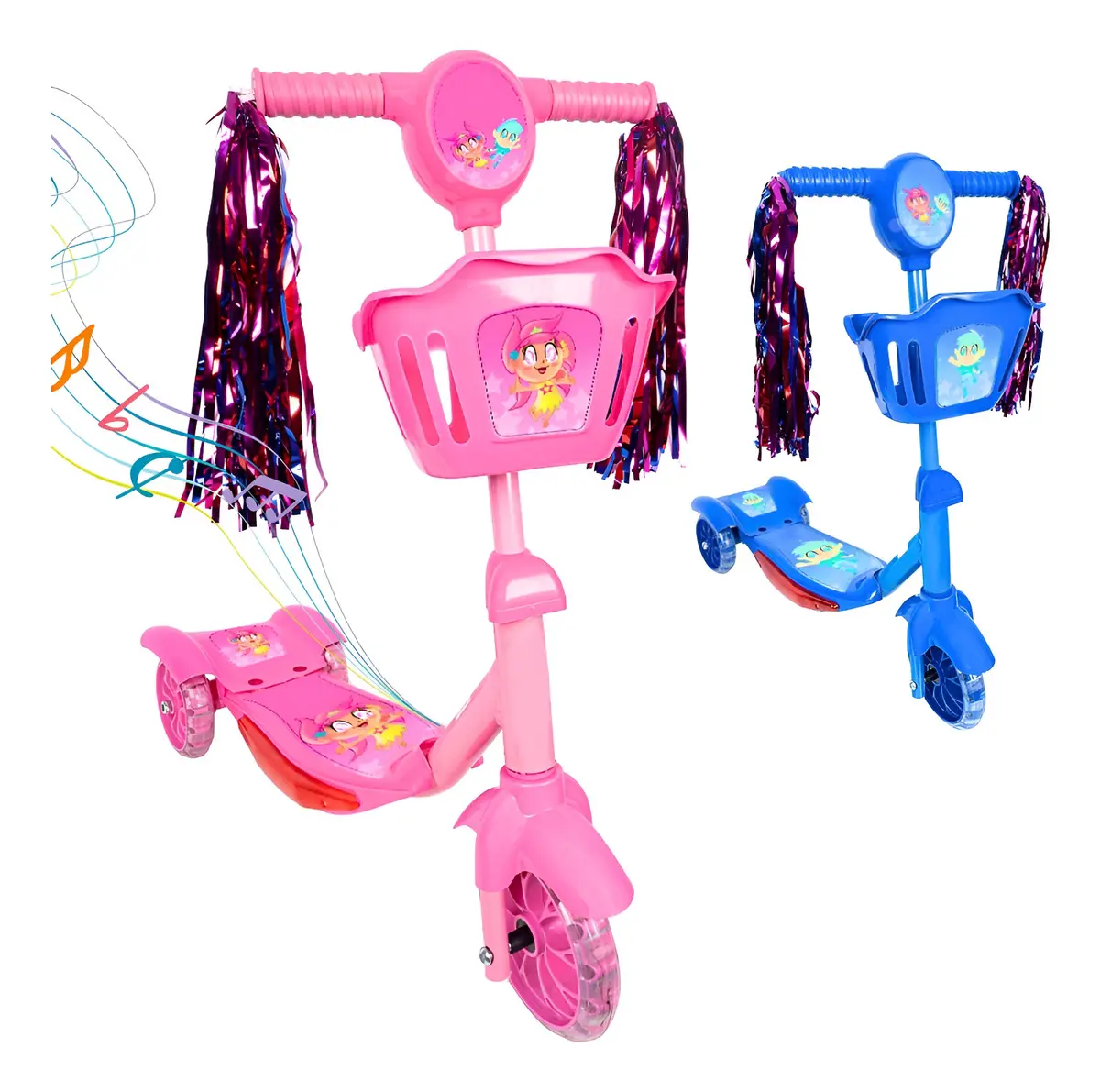 Patinete infantil 3 rodas com LED, som e cesta rosa