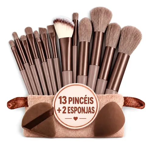 Kit de pincéis de maquiagem com 13 pincéis e 2 esponjas